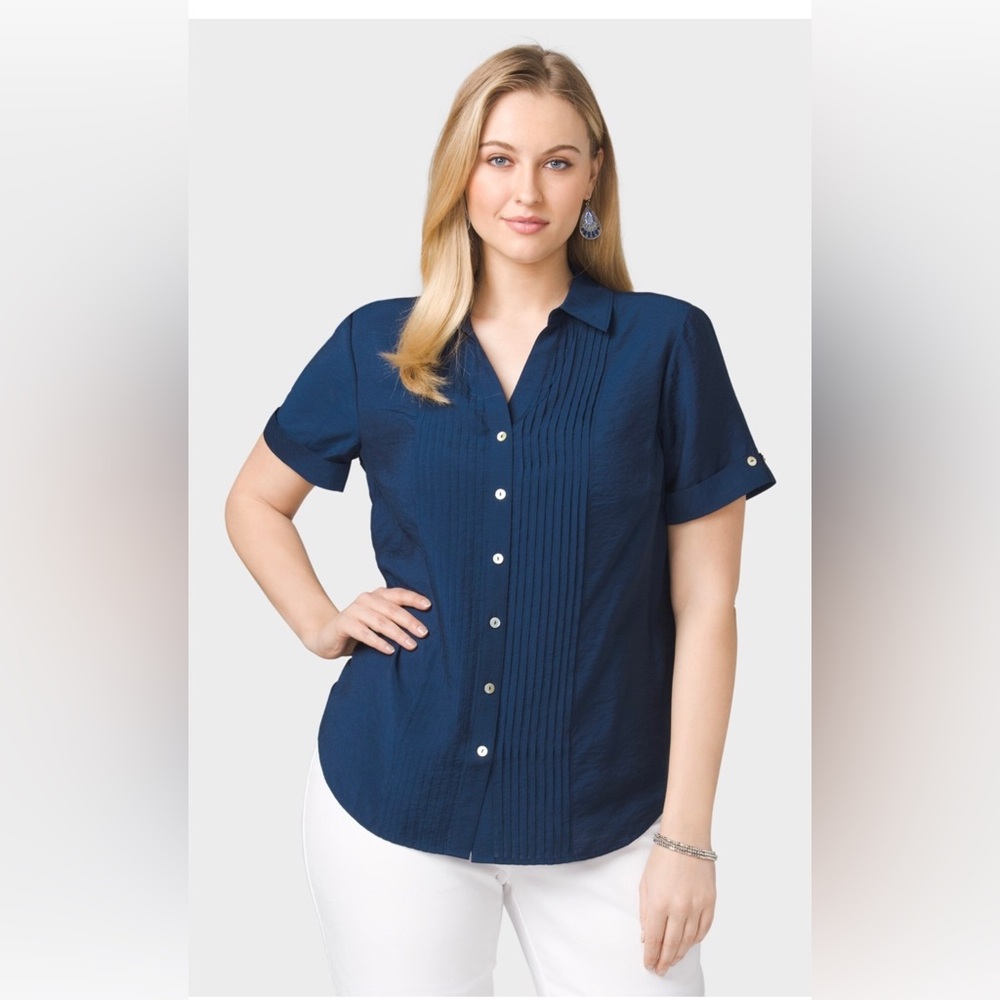 Roz & Ali Navy Blue Women's Button Down Top, Plus Size 2X